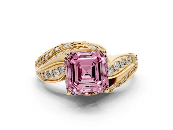 Fancy Pink Asscher Cut Diamond Solitaire Ring with Prong Setting and Twisted Pavé Band Yellow gold