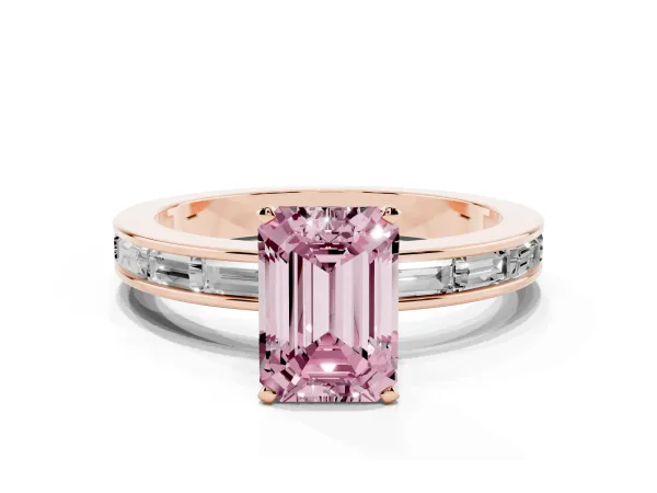 Fancy Pink Emerald Cut Solitaire Diamond Ring with Channel-Set Baguette Band and Four-Prong Setting Rose gold