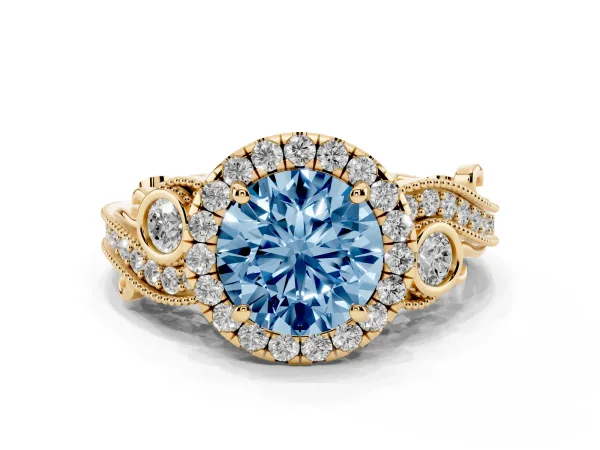 Fancy Blue Round Cut Halo Diamond Ring with Milgrain and Bezel Accents on a Split Shank Band Yellow gold
