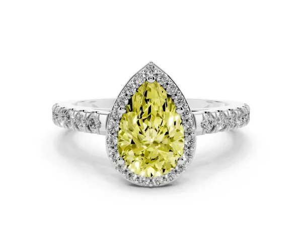 Fancy Yellow Pear Cut Cut Halo Diamond Engagement Ring with Pave Band and Four-Prong Setting White gold