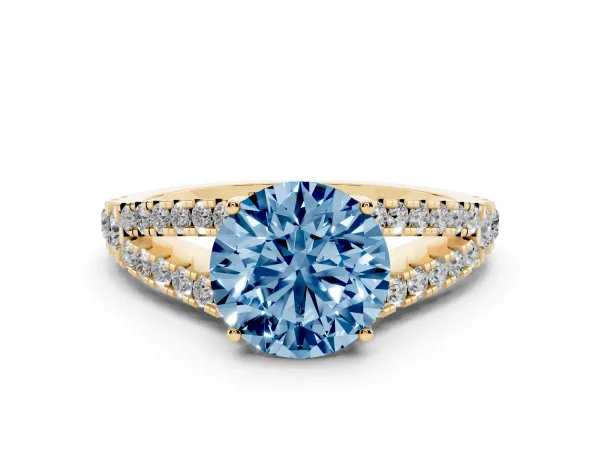 Fancy Blue Round Cut Diamond Split Shank Pavé Engagement Ring with Four-Prong Setting Yellow gold