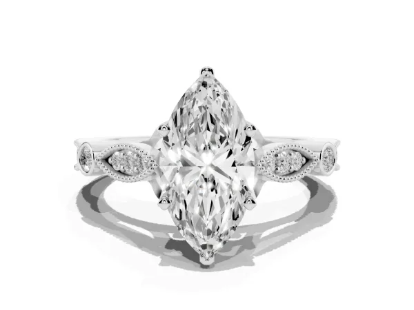 Marquise Cut Cut Diamond with Milgrain Marquise and Bezel Accents on a Solitaire Band with Prong Setting Platinum