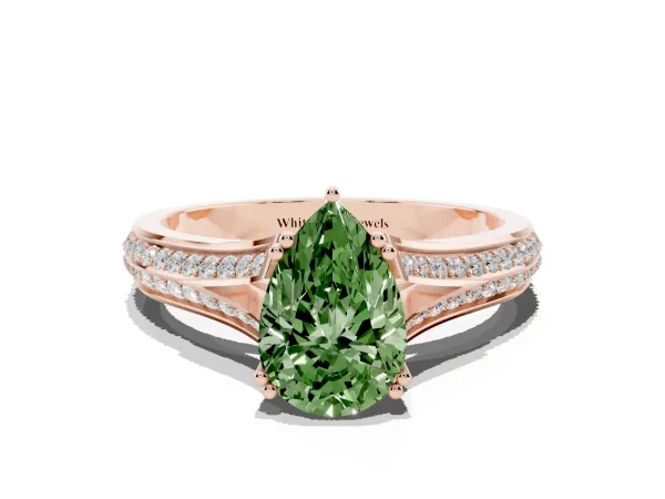 Fancy Green Pear Cut Diamond Split Shank Engagement Ring with Pavé Band Rose gold