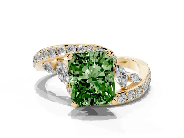 Fancy Green Radiant Cut Solitaire with Pavé Twist Band and Four-Prong Setting Yellow gold