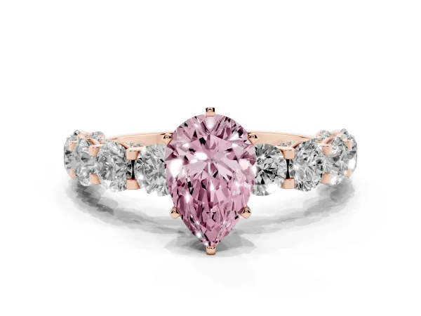 Fancy Pink Pear Cut Diamond Side Stone Engagement Ring with Four-Prong Setting Rose gold