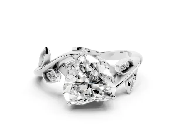 Heart Cut Solitaire Twist Engagement Ring with Leaf Accents and Prong Setting Platinum