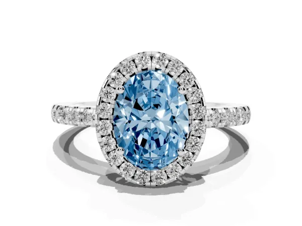 Fancy Blue Oval Cut Halo Diamond Engagement Ring with Pavé Band and Four-Prong Setting White gold