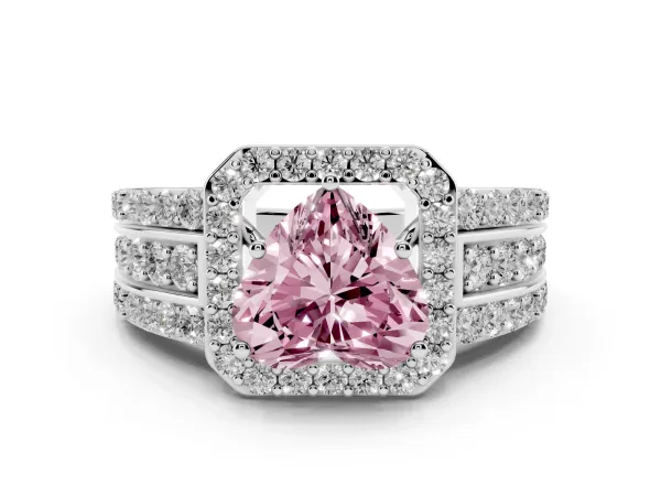 Fancy Pink Heart Cut Halo Diamond Ring with Round Split Shank and Prong Setting White gold