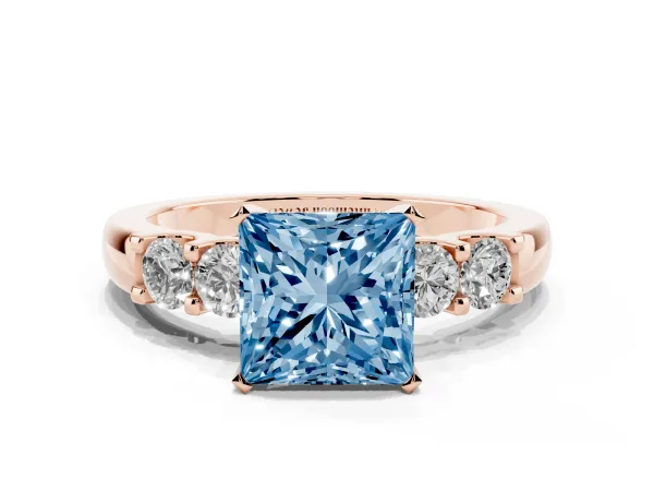 Fancy Blue Princess Cut Brilliant Cut Diamond Five-Stone Prong Set Engagement Ring with Channel Band Rose gold