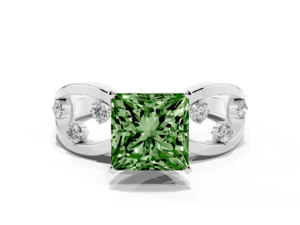 Fancy Green Princess Cut Cut Solitaire Diamond with Side Stones on Criss-Cross Band and Four-Prong Setting White gold