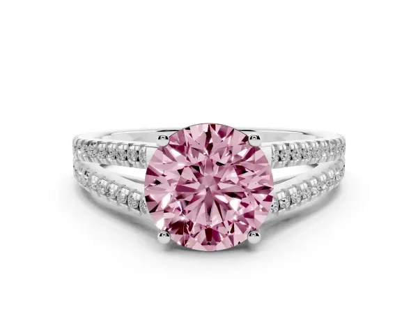Fancy Pink Round Cut Diamond Solitaire Engagement Ring with Split Shank Pavé Band White gold