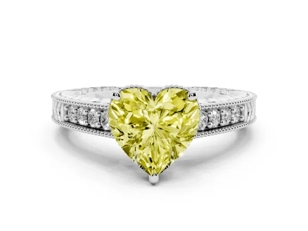 Fancy Yellow Heart Cut Solitaire Pavé Diamond Milgrain Engagement Ring with Four-Prong Setting White gold