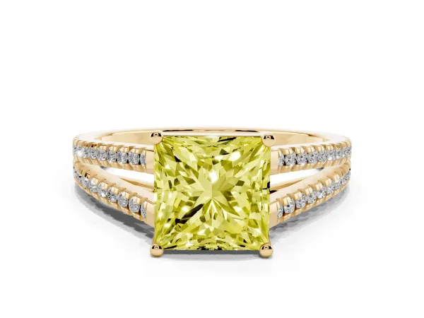 Fancy Yellow Princess Cut Diamond Solitaire Engagement Ring with Split Shank Pavé Band Yellow gold