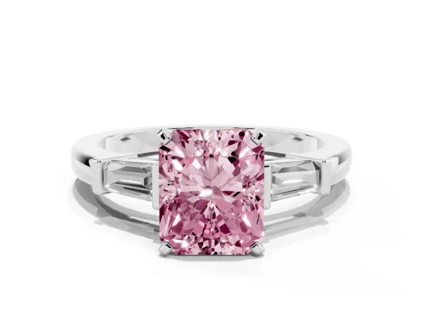 Fancy Pink Radiant Cut Cut Diamond Solitaire Ring with Tapered Baguette Accents and Four-Prong Setting White gold