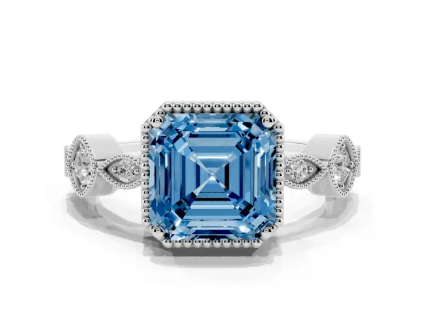 Fancy Blue Asscher Cut Diamond Vintage Milgrain Ring with Round Stations Platinum