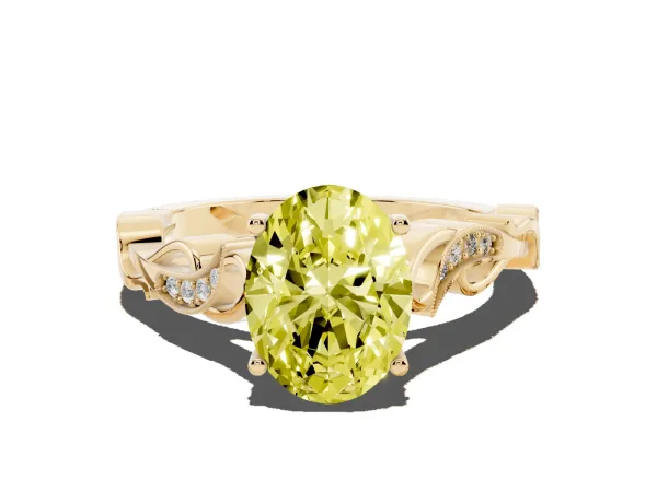 Fancy Yellow Oval Cut Solitaire Vine Band with Milgrain Prong Setting Yellow gold