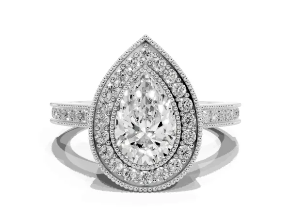Pear Cut Cut Halo Diamond Ring with Pavé Band and Milgrain Prong Setting Platinum