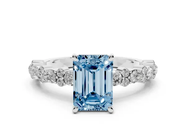 Fancy Blue Emerald Cut Diamond Side Stone Solitaire Ring with Round and Four-Prong Setting Platinum
