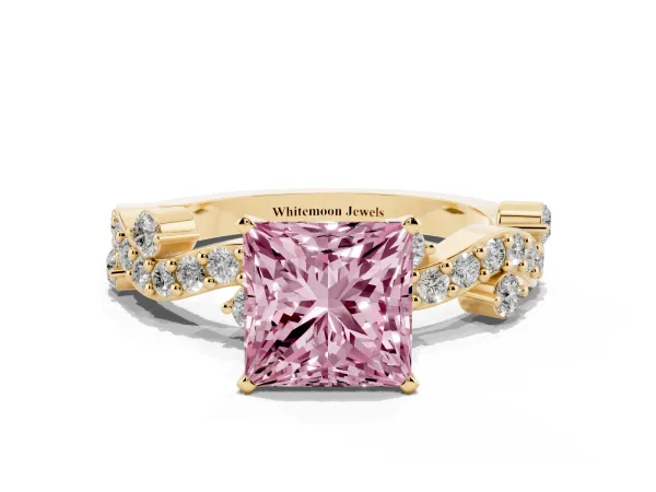 Fancy Pink Princess Cut Cut Solitaire Diamond Twisted Band with Pave Setting Yellow gold