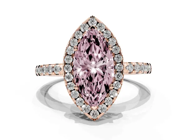 Fancy Pink Marquise Cut Halo Diamond Engagement Ring with Pavé Band and Four-Prong Setting Rose gold