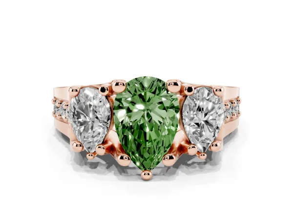 Fancy Green Pear Cut Diamond Three-Stone Ring with Channel Set Band and Four-Prong Setting Rose gold