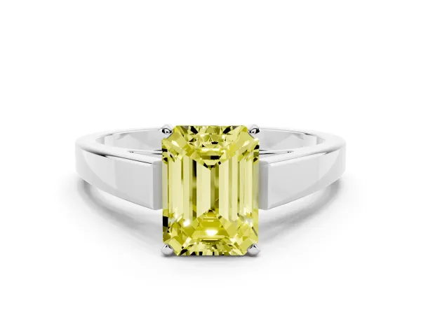 Fancy Yellow Emerald Cut Solitaire Engagement Ring with Four-Prong Setting and Tapered Band White gold