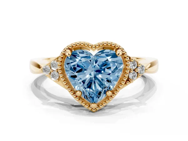 Fancy Blue Heart Cut Diamond Halo Ring with Tapered Band and Four-Prong Setting Yellow gold