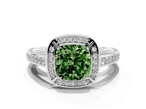 Fancy Green Cushion Cut Cut Halo Pave Split Shank Prong Setting Ring White gold