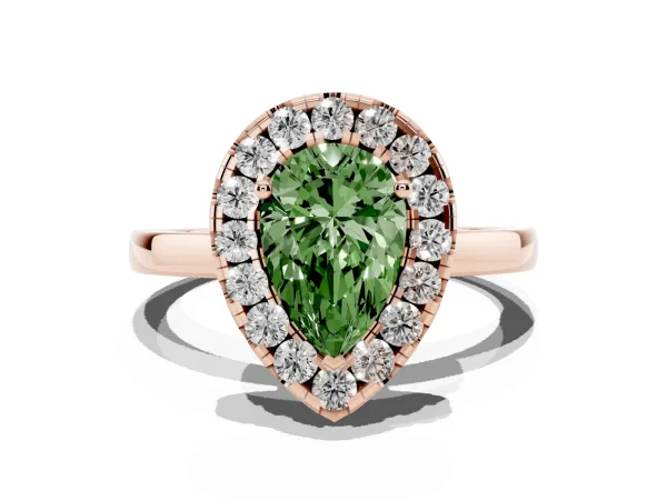 Fancy Green Pear Cut Halo Diamond Solitaire with Pavé Band and Four-Prong Setting Rose gold