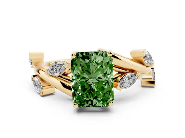 Fancy Green Radiant Cut Solitaire Twisted Band Marquise Accent Prong Setting Ring Yellow gold