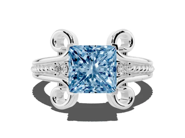 Fancy Blue Princess Cut Solitaire Twisted Band Scroll Prong Ring Platinum