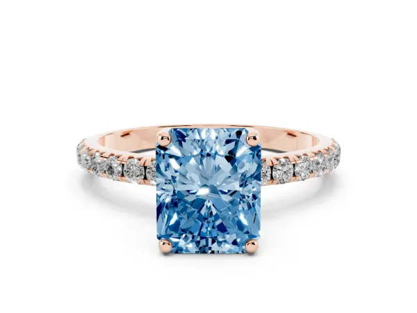 Fancy Blue Radiant Cut Cut Diamond Solitaire Ring with Micro Pave Band and Four Prong Setting Rose gold