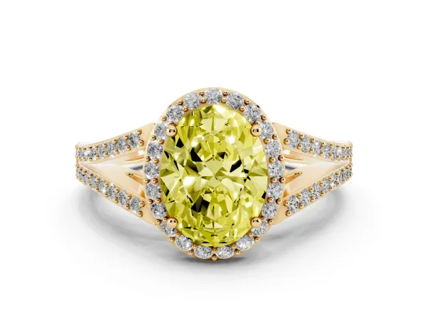 Fancy Yellow Oval Cut Halo Split Shank Pave Diamond Ring with Four-Prong Setting Yellow gold