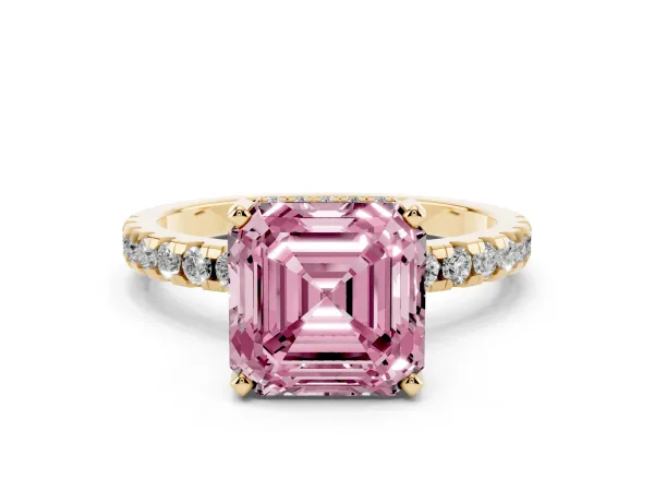 Fancy Pink Asscher Cut Diamond Solitaire Ring with Round Pavé Band and Four-Prong Setting Yellow gold