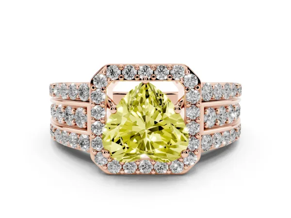 Fancy Yellow Heart Cut Halo Diamond Ring with Round Split Shank and Prong Setting Rose gold