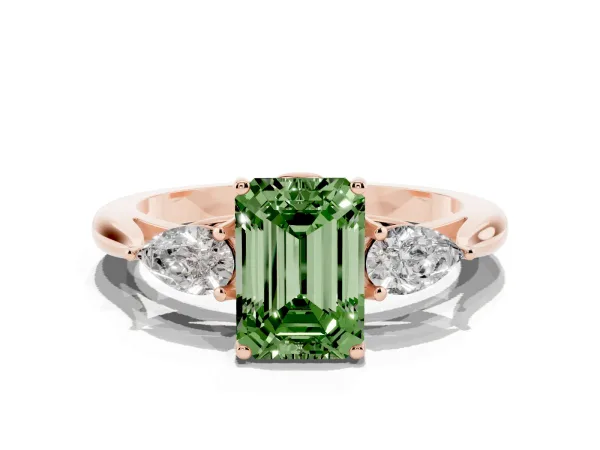 Fancy Green Three-Stone Emerald Cut Brilliant Diamond Solitaire Ring with Tapered Band and Four-Prong Setting Rose gold