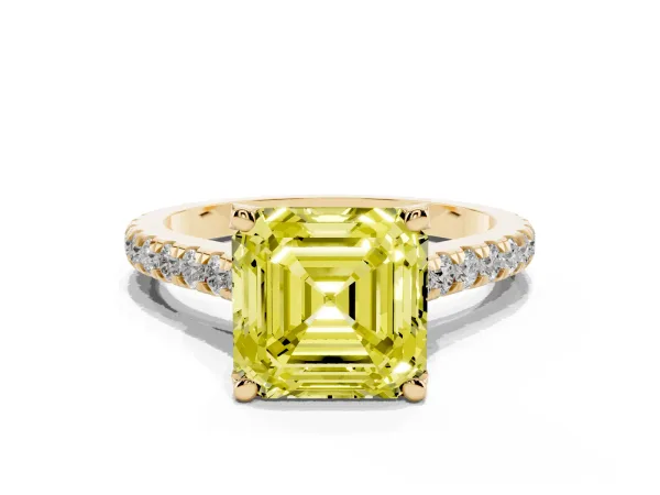 Fancy Yellow Asscher Cut Brilliant Diamond Solitaire with Pavé Band and Four-Prong Setting Yellow gold