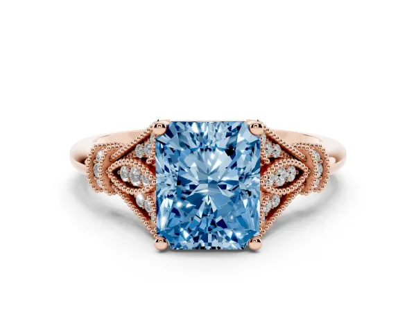 Fancy Blue Radiant Cut Diamond Solitaire Ring with Floral Filigree and Pave Accents Rose gold