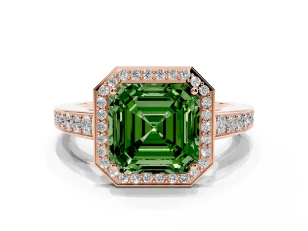 Fancy Green Asscher Cut Halo Pavé Diamond Engagement Ring with Bezel Setting Rose gold