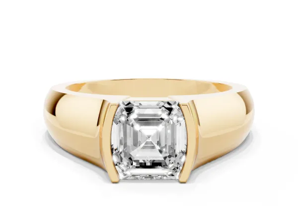 Asscher Cut Solitaire Bezel Set Diamond Ring with Wide Band Yellow gold