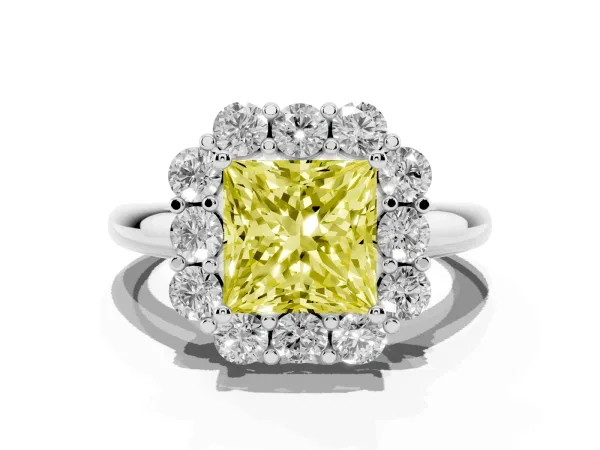 Fancy Yellow Princess Cut Halo Milgrain Solitaire with Bezel Set Side Stones and Pave Band White gold