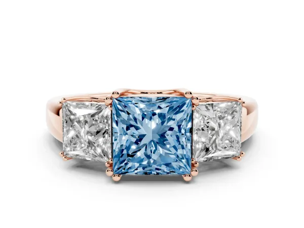 Fancy Blue Three-Stone Princess Cut Cut Diamond Ring with Channel Set Band and Four-Prong Setting Rose gold
