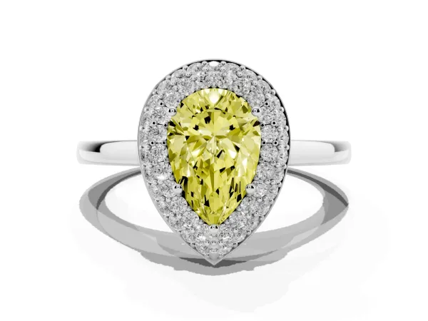 Fancy Yellow Pear Cut Halo Diamond Engagement Ring with Solitaire Band and Four-Prong Setting White gold