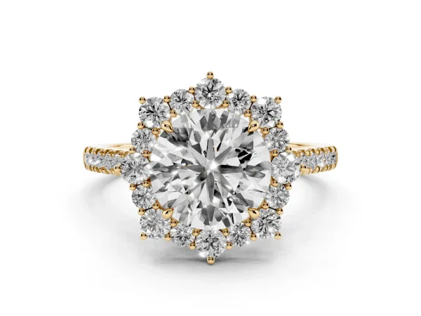 Round Cut Halo Diamond Ring with Pavé Band and Prong Setting Yellow gold
