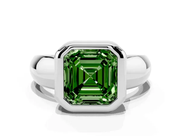 Fancy Green Bezel Set Asscher Cut Solitaire Ring with Wide Band White gold