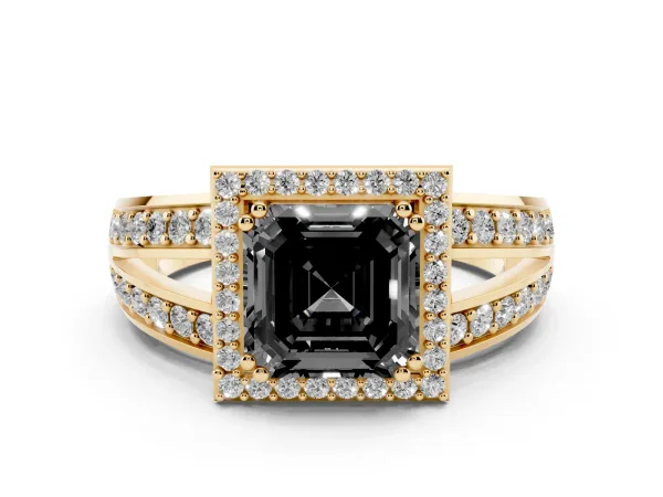 Fancy Black Asscher Cut Diamond Halo Ring with Split Shank Pavé Band and Four-Prong Setting Yellow gold