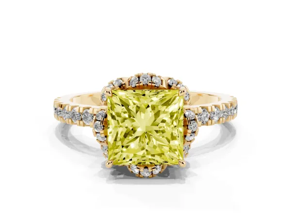 Fancy Yellow Princess Cut Halo Diamond Pave Band Ring with Four-Prong Setting Yellow gold