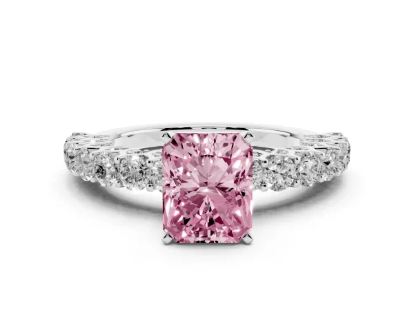 Fancy Pink Radiant Cut Diamond Solitaire Ring with Shared Prong Pavé Band and Four-Prong Setting Platinum