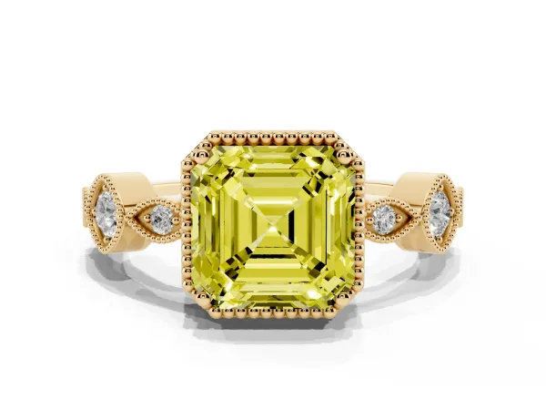Fancy Yellow Asscher Cut Diamond Vintage Milgrain Ring with Round Stations Yellow gold