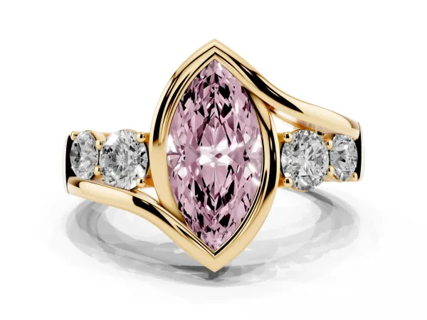 Fancy Pink Bezel Set Marquise Cut Diamond Bypass Ring with Round Accents Yellow gold